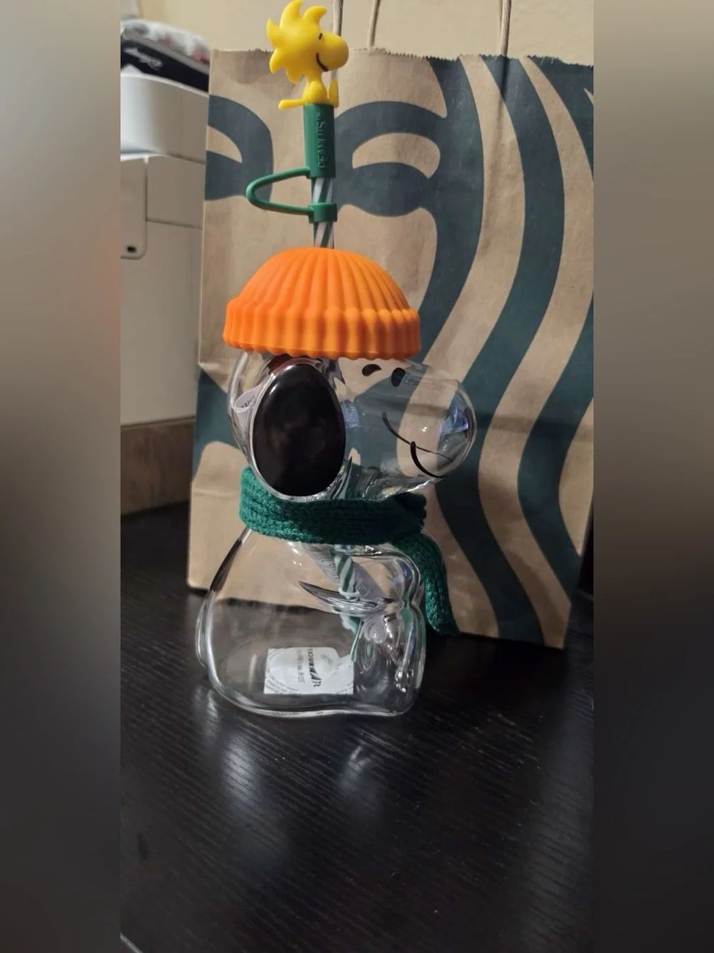 Starbucks Snoopy cup with Orange Hat and Green Scarf